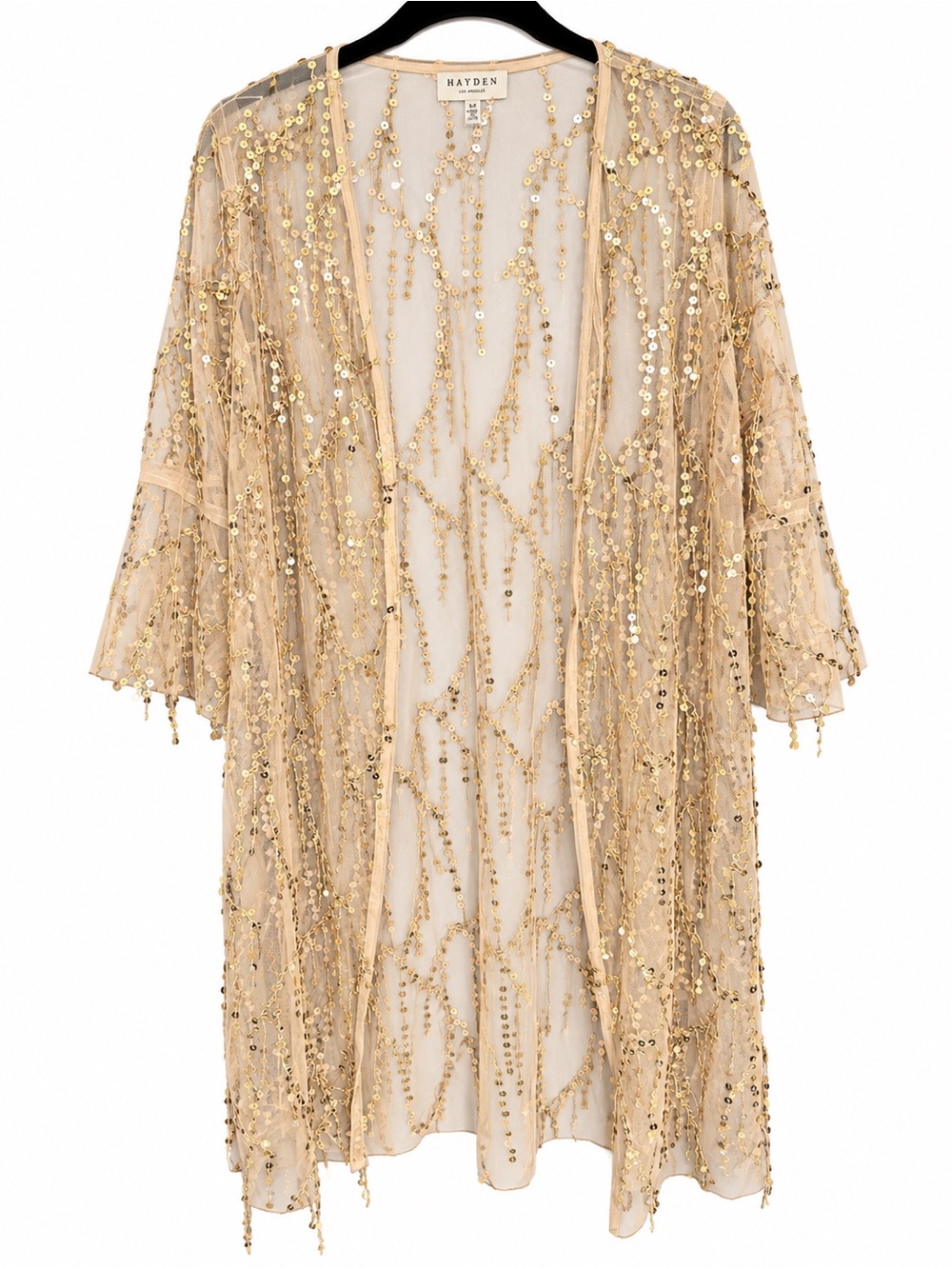 Hayden Champagne Gold Sequin Mesh Sheer Kimono Cover Up Duster
